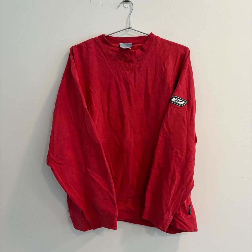 Reebok Mens Vintage‎ Crewneck Sweatshirt Red Vector Logo Sleeve Patch Large